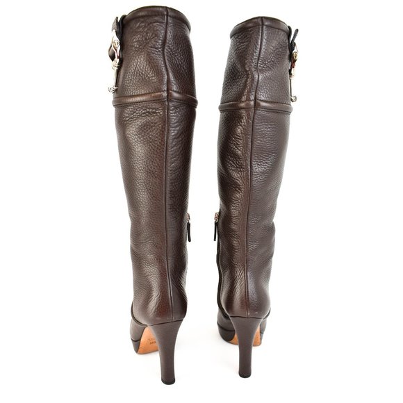 GUCCI: Brown, Leather & Silver Logo Horsebit Boots - Picture 8 of 12